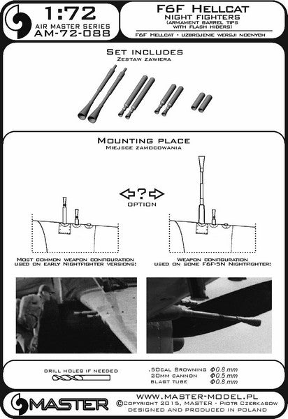 MASTER AM-72-088 1/72 F6F Hellcat - night fighters armament (.50 cal Brownings and 20mm cannon tips with flash hiders )