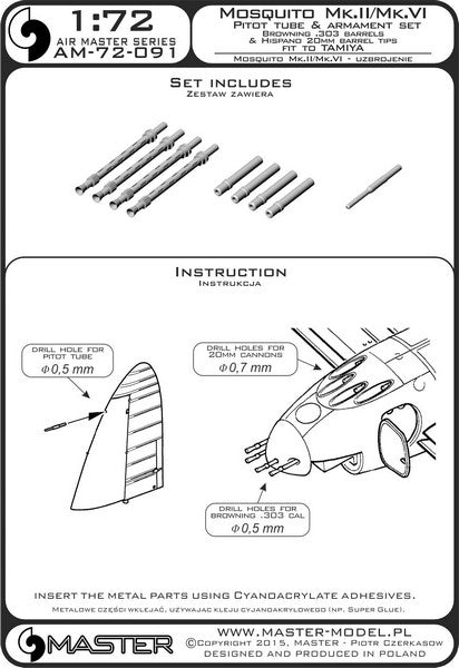 MASTER AM-72-091 1/72 De Havilland Mosquito NF Mk.II / FB Mk.VI - Pitot tube & armament set (Browning .303 barrels and Hispano 20mm barrel tips)