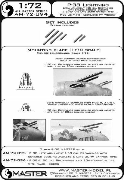 MASTER AM-72-094 1/72 P-38 Lightning - early armament (.50 cal Brownings with drilled cooling jackets & early and late 20mm cannon tips)