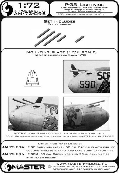 MASTER AM-72-095 1/72 P-38 Lightning - late armament (.50 cal Brownings with covered cooling jackets & late 20mm cannon tips)