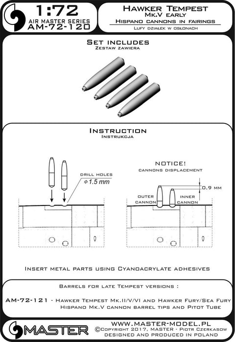 MASTER AM-72-120 1/72 Hawker Tempest Mk.V early - Hispano 20mm cannon barrels in fairings