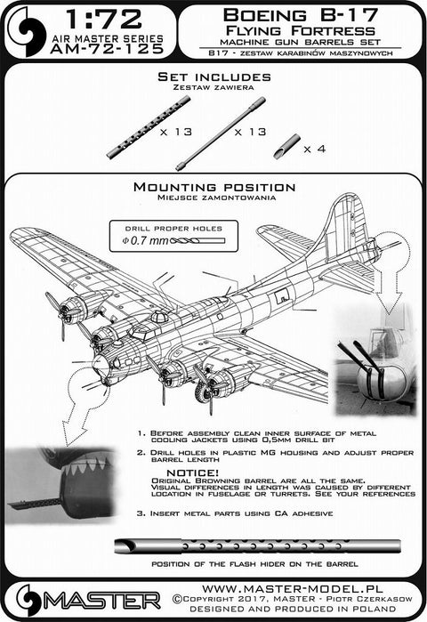 MASTER AM-72-125 1/72 Boeing B-17 Flying Fortress - machine gun set - Browning M2 aircraft .50 caliber barrels with flash hiders