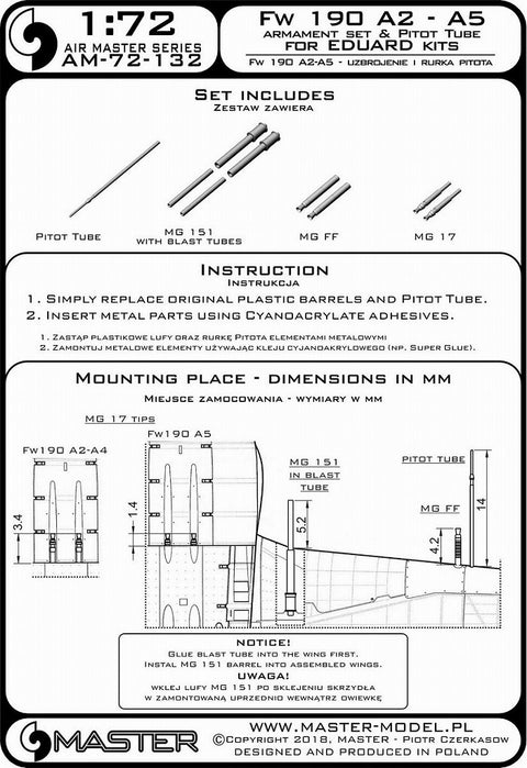MASTER AM-72-132 1/72 Fw 190 A2 - A5 armament set (MG 17, MG FF, MG 151 barrel tips) & Pitot Tube (for Eduard kit)