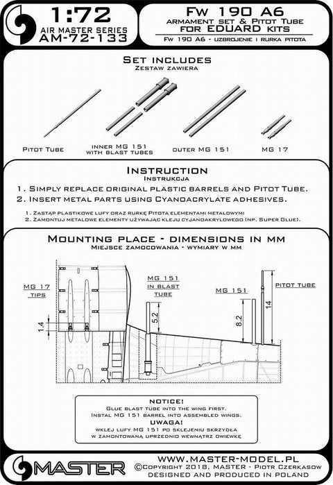 MASTER AM-72-133 1/72 Fw 190 A6 armament set (MG 17, MG 151 barrel tips) & Pitot Tube (for Eduard kit)
