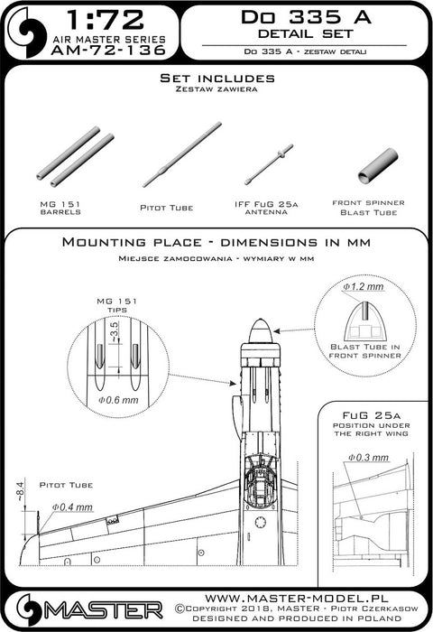 MASTER AM-72-136 1/72 Do 335 A - detail set - MG 151, FuG 25a antenna, Pitot Tube