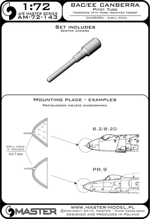 MASTER AM-72-143 1/72 BAC/EE Canberra - Pitot Tube (used in versions with nose mounted probe)