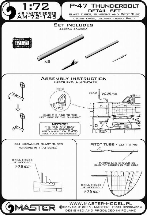 MASTER AM-72-145 1/72 P-47 Thunderbolt - details set - Browning .50 blast tubes, gunsight and Pitot Tube