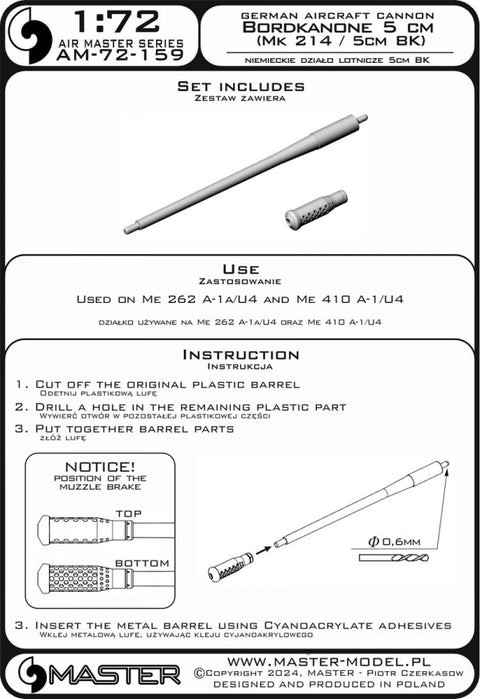 MASTER AM-72-159 1/72 German cannon Bordkanone 5cm (Mk 214 / 5cm BK) - used on Me 262 A-1a/U4, Me 410 A-1/U4