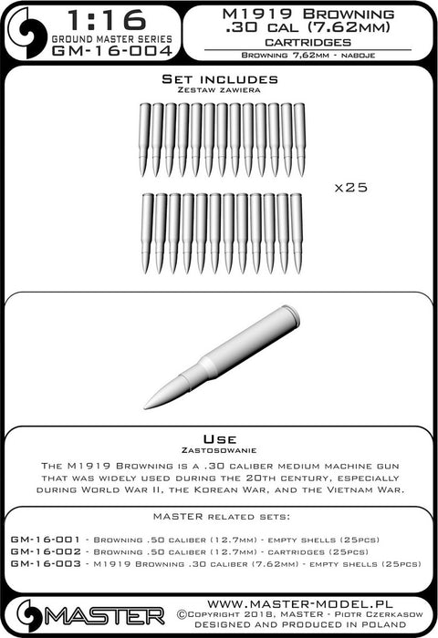 MASTER GM-16-004 1/16 M1919 Browning .30 caliber (7.62mm) - cartridges (25pcs)