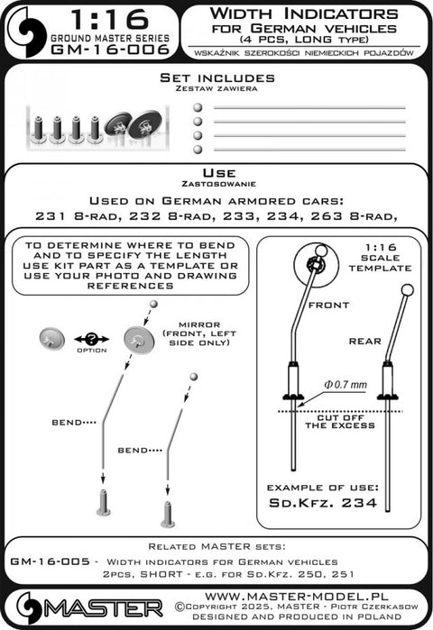 MASTER GM-16-006 1/16 Width indicators for German vehicles (4pcs, LONG - used e.g. on Sd.Kfz. 234)