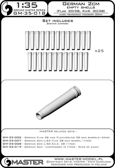 MASTER GM-35-018 1/35 German 2cm ammunition (cal. 20x138B) for Flak 30/38, KwK 30/38 - empty shells (25pcs)