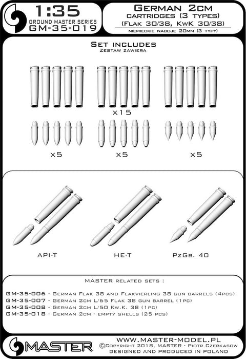 MASTER GM-35-019 1/35 German 2cm ammunition (cal. 20x138B) for Flak 30/38, KwK 30/38 - shells (15pcs) and 3 types of projectiles (5pcs of each type)