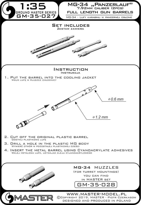 MASTER GM-35-027 1/35 MG-34 "Panzerlauf" - German machine gun - armored version for tanks - full length gun barrels (2pcs)
