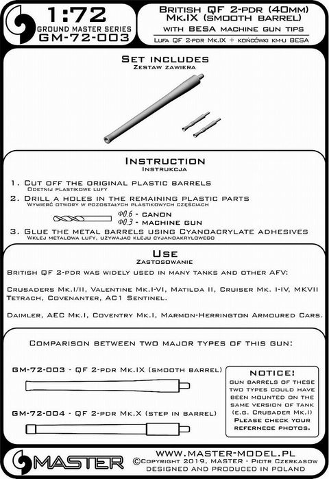 MASTER GM-72-003 1/72 British QF 2-pdr (40mm) - version Mk.IX (smooth barrel) + Besa MG tips - for Crusader Mk.I/II, early Valentine, Matilda II, and other AFV