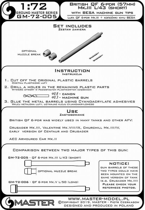 MASTER GM-72-005 1/72 British QF 6-pdr (57mm) - version Mk.III L/43 (short) + Besa MG tips - for Crusader Mk.III, Churchill Mk.III/IV, Valentine Mk.VIII/IX