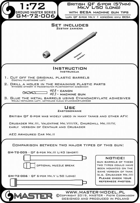 MASTER GM-72-006 1/72 British QF 6-pdr (57mm) - version Mk.V L/50 (long) + Besa MG tips - for Crusader Mk.III, Churchill Mk.III/IV, Valentine Mk.VIII/IX
