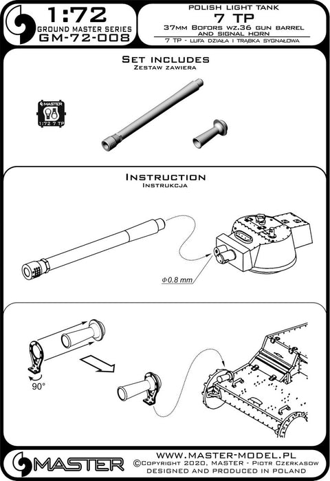 MASTER GM-72-008 1/72 Polish light tank 7TP - 37mm Bofors wz.36 gun barrel and signal horn