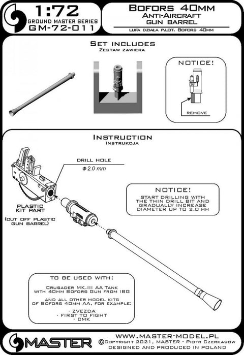 MASTER GM-72-011 1/72 Bofors 40mm Anti-Aircraft gun barrel - for Crusader Mk. III AA from IBG and other Bofors 40mm kits (e.g. Zvezda, FTF, CMK)