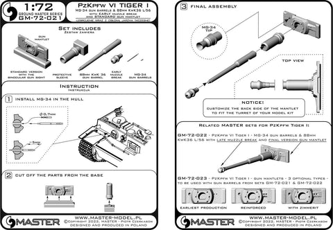 MASTER GM-72-021 1/72 PzKpfw VI Tiger I - MG-34 gun barrels & 88mm KwK36 L/56 with early muzzle brake and standard gun mantlet