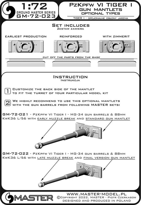 MASTER GM-72-023 1/72 PzKpfw VI Tiger I - gun mantlets - 3 optional types - to be used with gun barrels from sets GM-72-021 & GM-72-022