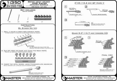 MASTER SM-350-108 1/350 HMS Exeter (1939) armament - 8in (6pcs), 4in (4pcs), Vickers 0.5 in (8pcs) barrels (for Trumpeter kit)
