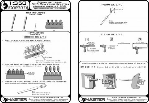 MASTER SM-350-110 1/350 Schleswig-Holstein (1908) armament - 280mm (4pcs), 170mm (14pcs), 88mm (12pcs)  barrels with resin mounts (for Trumpeter kit)