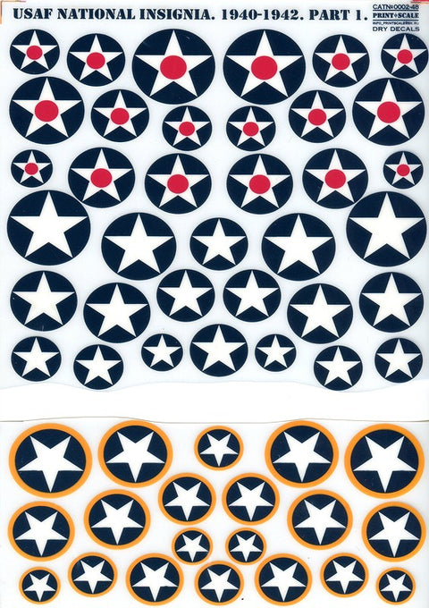 Print Scale 0002-48 1/48 USAF NATIONAL INSIGNIA 1940–1942 PART 1 DRY DECALS LIMITED EDITION