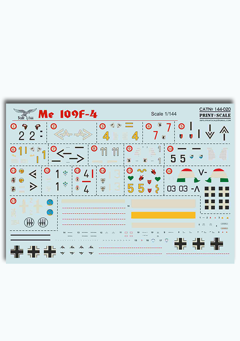 Print Scale 144-020 1/144 Messerschmitt Bf 109 F-4 Decals 144-020 Scale 1/144