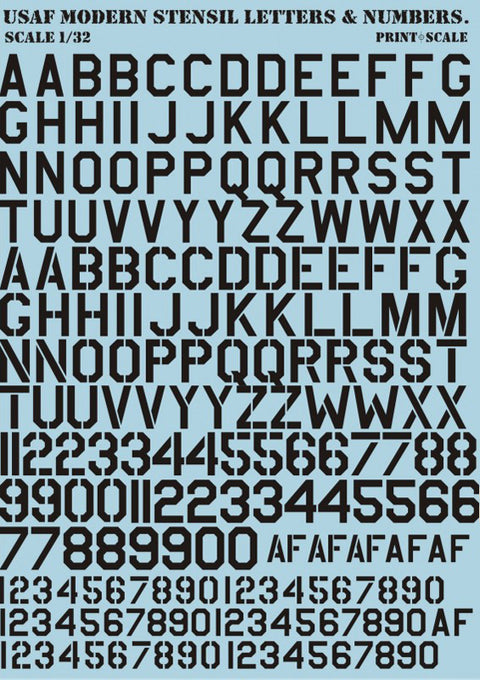 Print Scale 32-003 1/32 USAF Modern Stencil Letters & Numbers Black 32-003 Scale 1/32