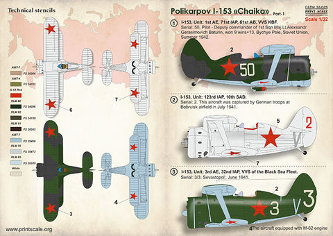 Print Scale 32-025 1/32 Polikarpov I-153 Chaika 32-025 Part 1 Scale 1/32 The complete set 1,5 leaf