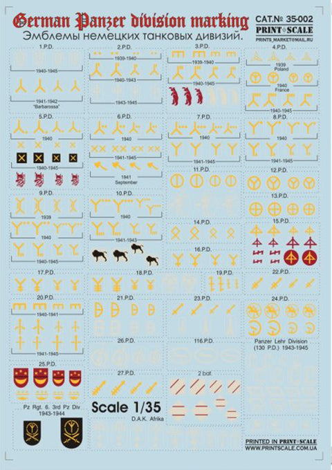 Print Scale 35-002 1/35 German Panzer Division Markings Part 2 35-002 Scale 1/35