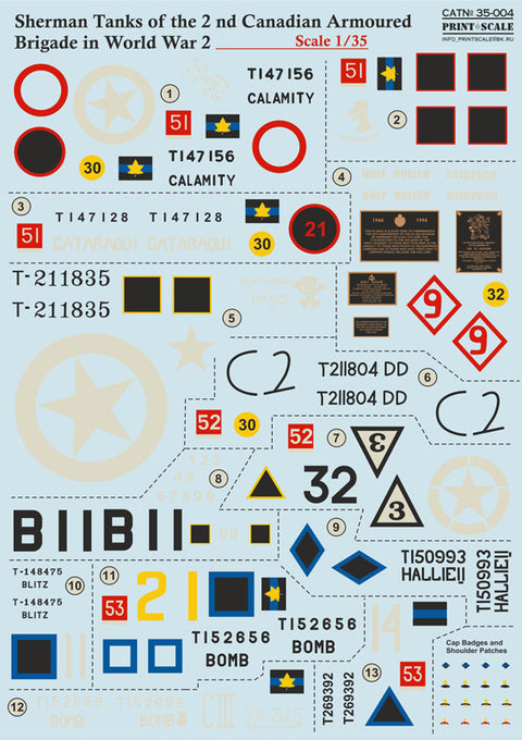 Print Scale 35-004 1/35 Sherman Tanks 2nd Canadian Armoured Brigade WWII Markings Set 35-004 Scale 1/35