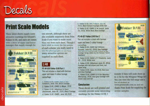 Print Scale 48-025 1/48 Fokker D VII Part 1  The complete set 4 leaf