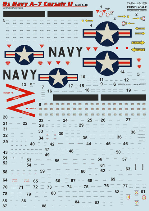 Print Scale 48-124 1/48 US NAVY Corsair II A-7 part1 + Technical stencils A7 Corsair II