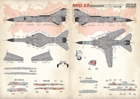 Print Scale 48-152 1/48 MiG-23 Tehcnical stencils, 2 sheets