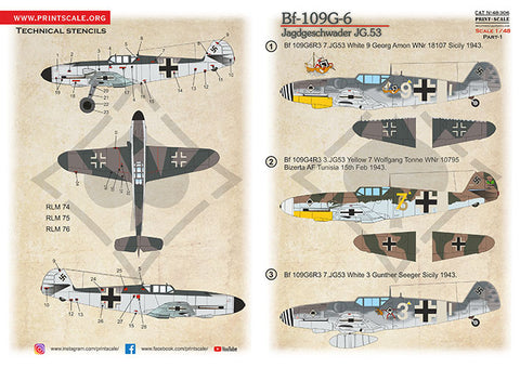 Print Scale 48-306 1/48 Bf-109 G-6 Jagdgeschwader JG.53 Part 1 48-306 Scale 1/48