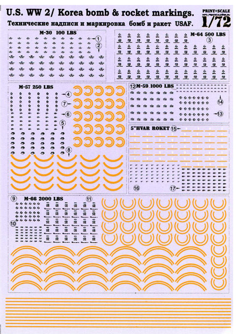 Print Scale 72-001 1/72 Technical inscriptions and marks of airbombs USAF. The second world war and Korea