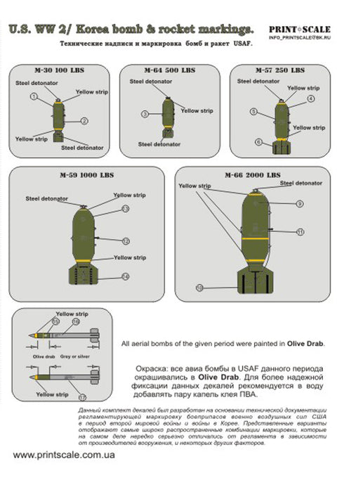 Print Scale 72-001 1/72 Technical inscriptions and marks of airbombs USAF. The second world war and Korea