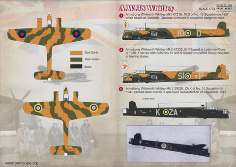 Print Scale 72-099 1/72 Armstrong Whitworth A.W.38 Whitley The complete set 2 leaf