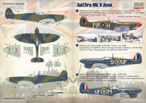 Print Scale 72-155 1/72 Spitfire Mk V Aces 72-155 Scale 1/72