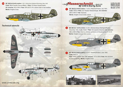 Print Scale 72-166 1/72 Messerschmitt Bf 109 G Early Aces 72-166 Scale 1/72