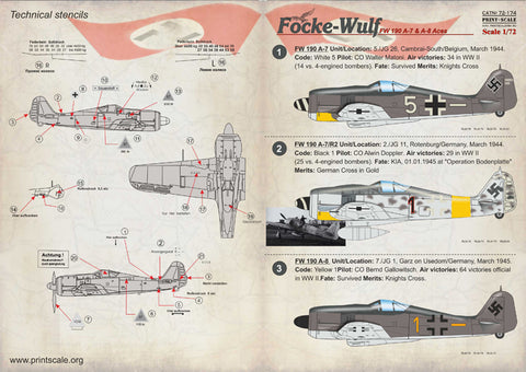Print Scale 72-174 1/72 Focke-Wulf Fw 190 A-7 & A-8 Aces 72-174 Scale 1/72