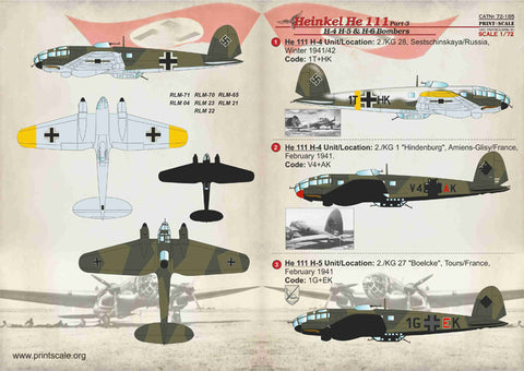 Print Scale 72-185 1/72 Heinkel He-111  H-4, H-5 & H-6 Bombers. Part 3