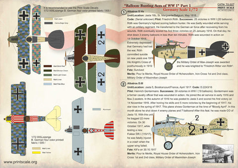 Print Scale 72-227 1/72 Balloon-Busting Aces of WW I Part 1