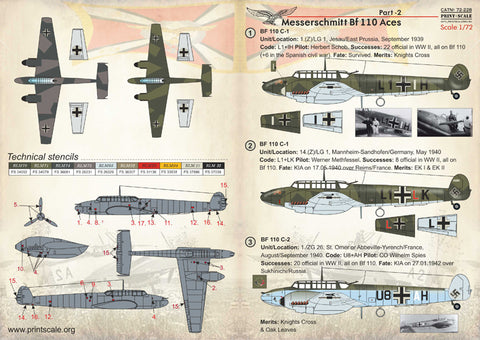 Print Scale 72-228 1/72 Messerschmitt Bf 110 Aces, Vol.Part 2