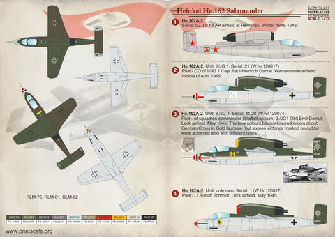 Print Scale 72-247 1/72 Heinkel He 162 “Salamander” 72-247 Scale 1/72