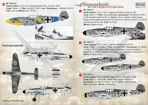 Print Scale 72-249 1/72 Bf 109 G High Altitude Aces 72-249 Scale 1/72