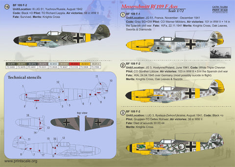 Print Scale 72-254 1/72 Messerschmitt Bf 109 F Aces 72-254 Scale 1/72