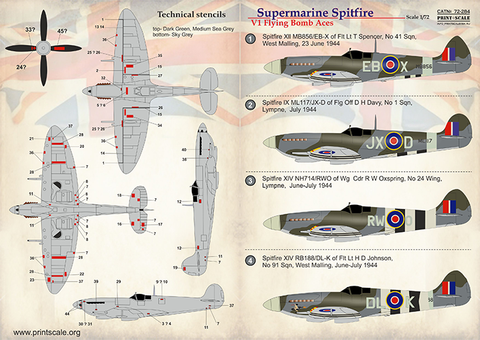 Print Scale 72-284 1/72 Supermarine Spitfire V1 Flying Bomb Aces 72-284  Scale 1/72 In the complete set 1,5 sheets