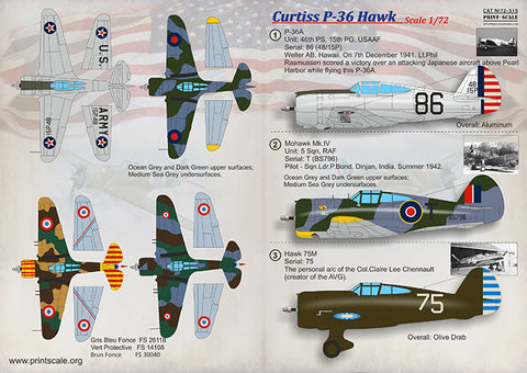 Print Scale 72-315 1/72 Curtiss P-36 Hawk 72-315 Scale 1/72
